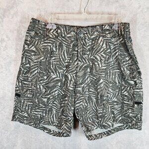 Great Northwest Cotton Cargo Shorts Mens 34 Green Tropical Leaf Elastic Waist